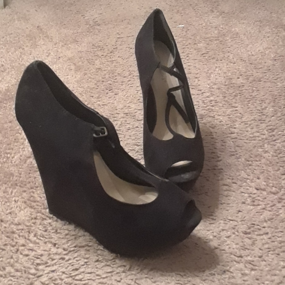 Black suede wedge t-strap heel